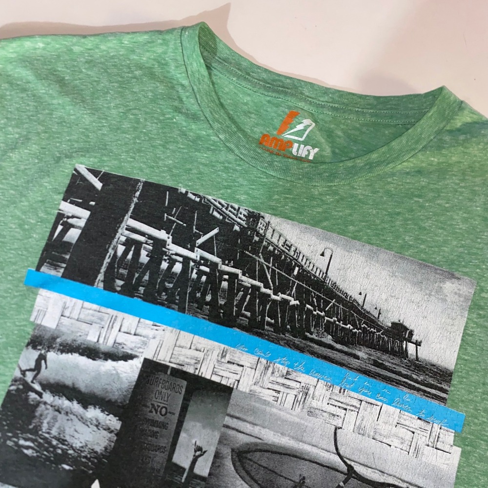 Amplify Mens XXL Green Heather Surf Graphic T-Shirt Pier Wave Beach Tee